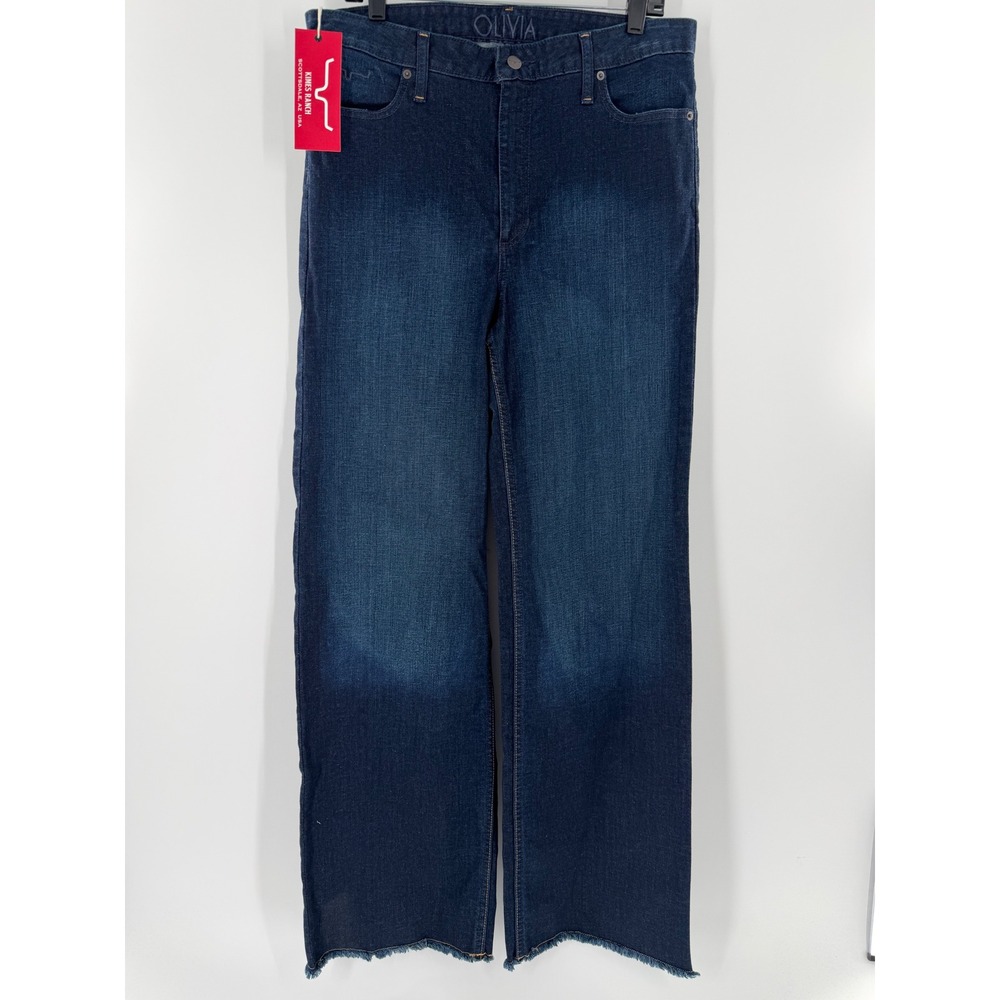 Kimes Ranch Olivia High Rise Wide Leg Jeans Dark Wash Raw Hem 14/34 NEW